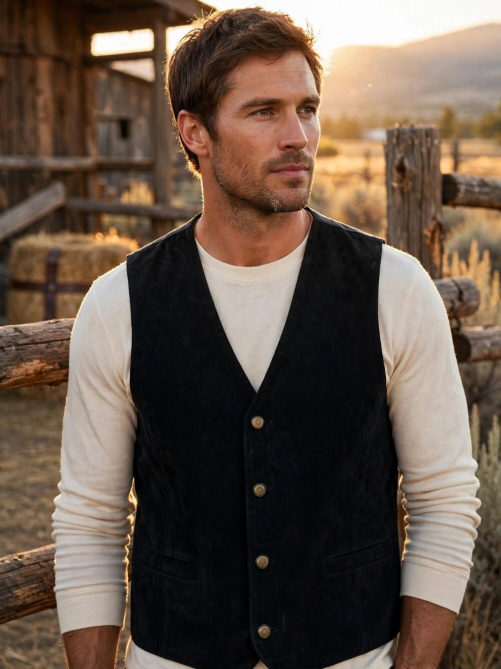 Vintage L Black Suede Leather Vest Oklahoma Buttons Western Cowboy Mens